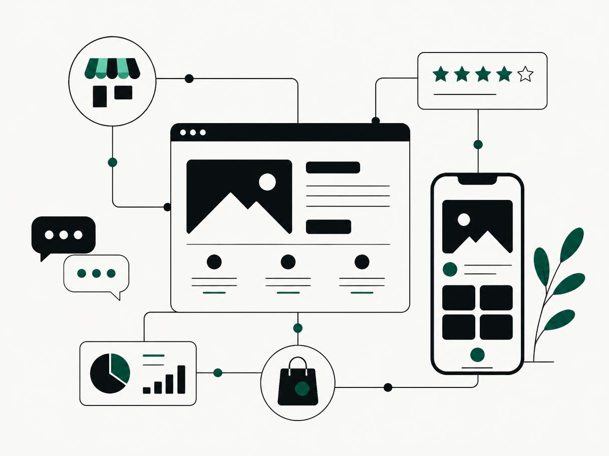 Illustration of Clear2Drive's connected digital ecosystem: website, mobile app, reviews, and customer messaging